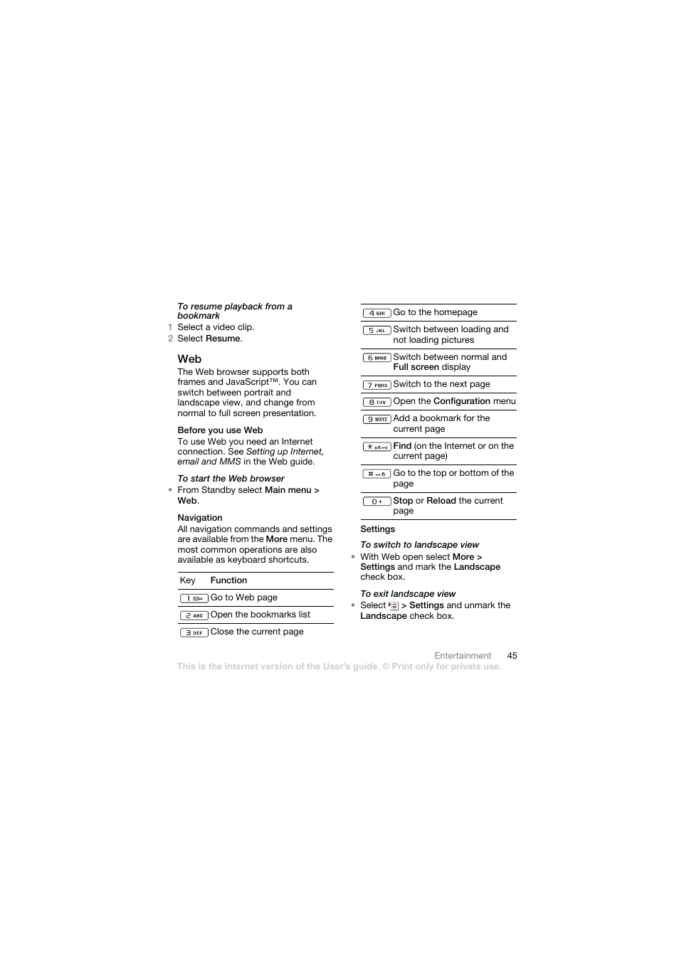 Before you use web, Navigation, Settings | Sony Ericsson Walkman player User Manual | Page 47 / 66