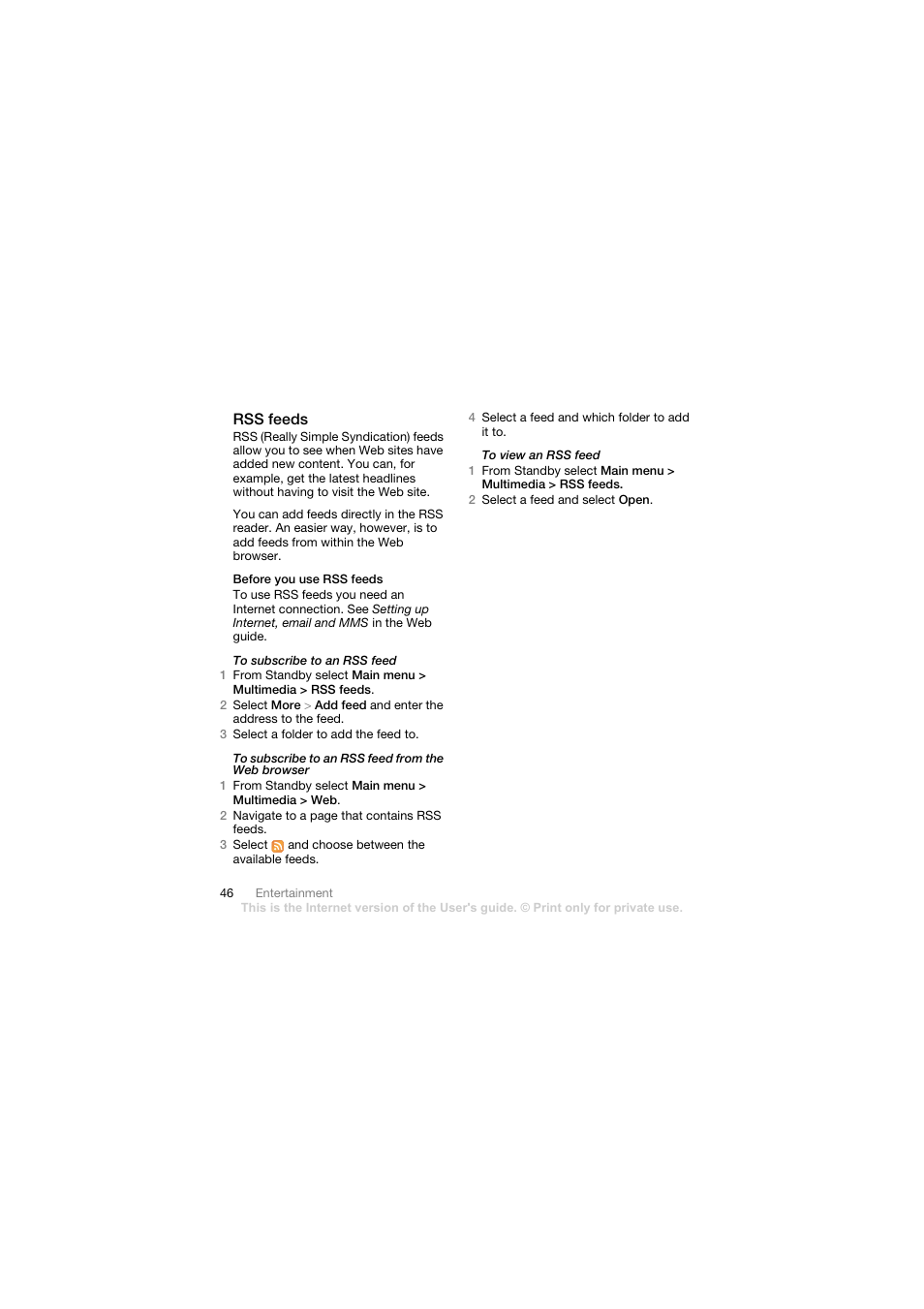 Rss feeds, Before you use rss feeds | Sony Ericsson Walkman player User Manual | Page 48 / 66