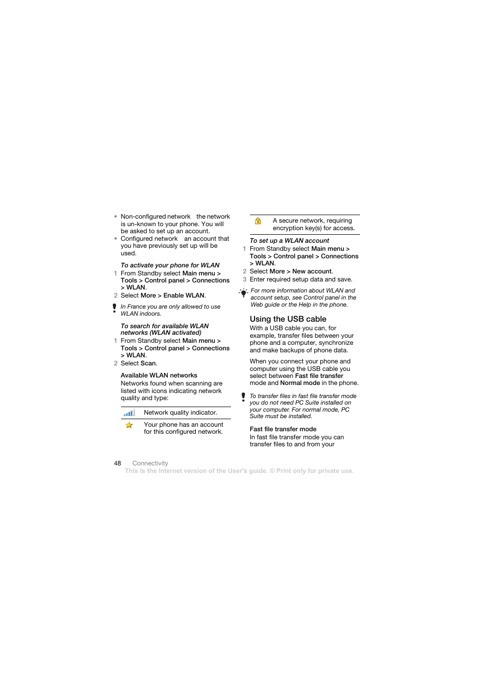 Available wlan networks, Using the usb cable, Fast file transfer mode | Sony Ericsson Walkman player User Manual | Page 50 / 66