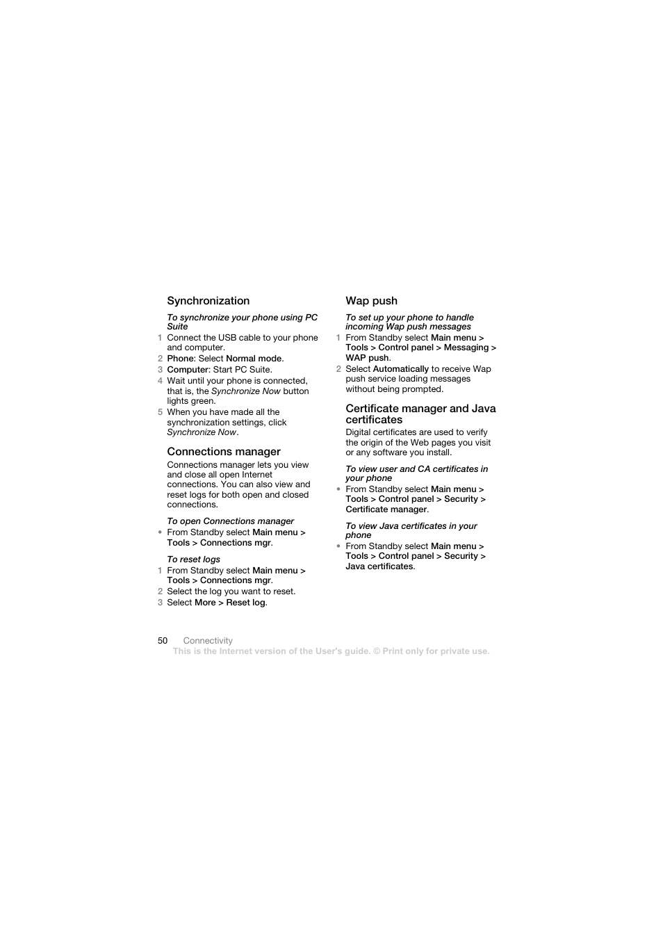 Synchronization, Connections manager, Wap push | Certificate manager and java certificates | Sony Ericsson Walkman player User Manual | Page 52 / 66