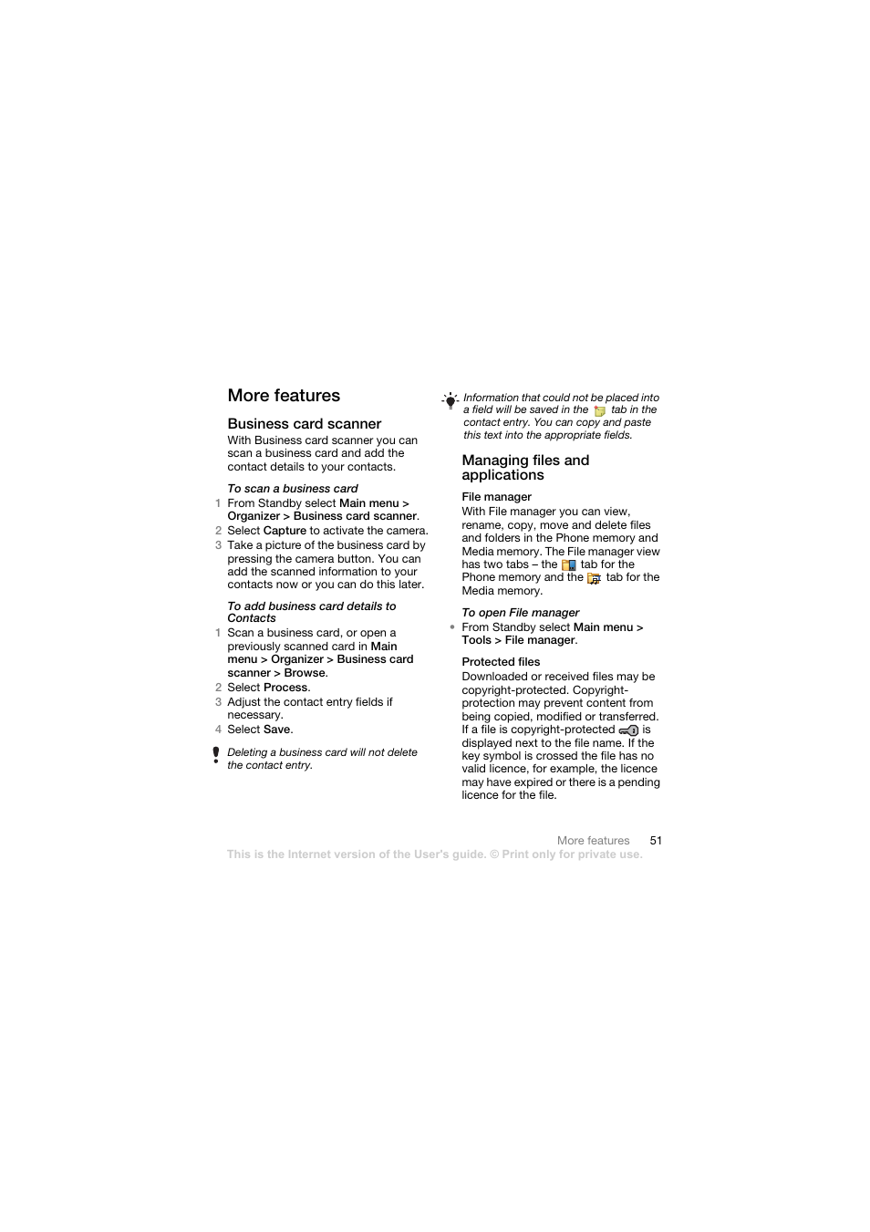 More features, Business card scanner, Managing files and applications | File manager, Protected files | Sony Ericsson Walkman player User Manual | Page 53 / 66