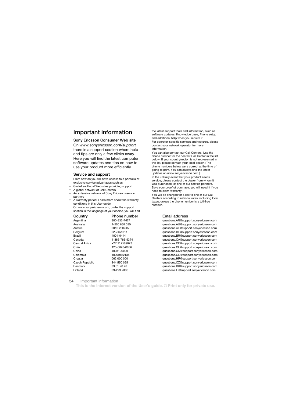 Important information, Sony ericsson consumer web site, Service and support | Country, Phone number, Email address | Sony Ericsson Walkman player User Manual | Page 56 / 66