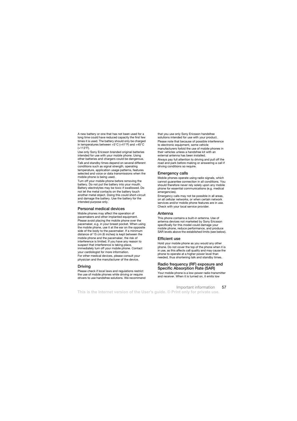 Personal medical devices, Driving, Emergency calls | Antenna, Efficient use | Sony Ericsson Walkman player User Manual | Page 59 / 66
