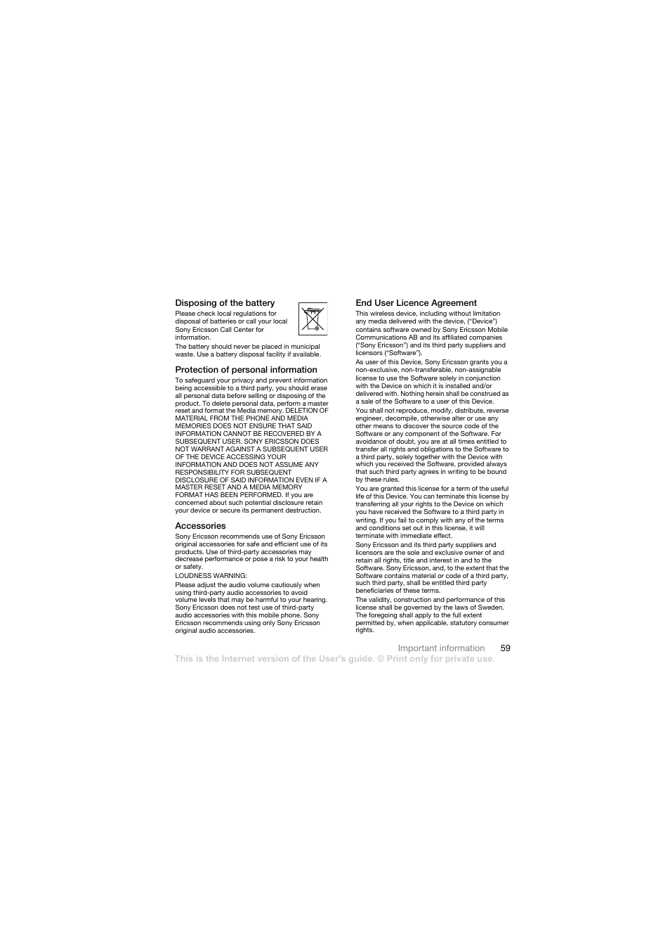 Disposing of the battery, Protection of personal information, Accessories | End user licence agreement | Sony Ericsson Walkman player User Manual | Page 61 / 66