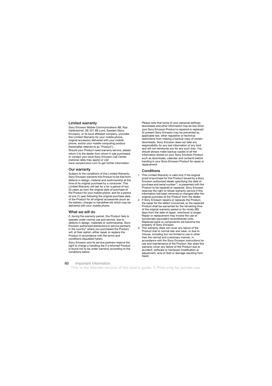 Limited warranty, Our warranty, What we will do | Conditions | Sony Ericsson Walkman player User Manual | Page 62 / 66