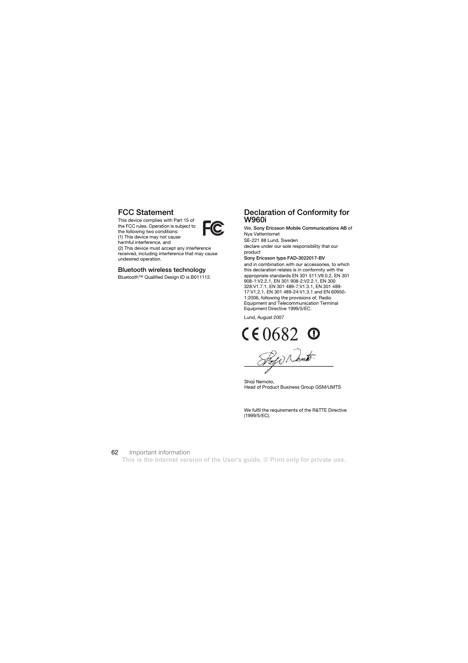 Fcc statement, Bluetooth wireless technology, Declaration of conformity for w960i | Sony Ericsson Walkman player User Manual | Page 64 / 66