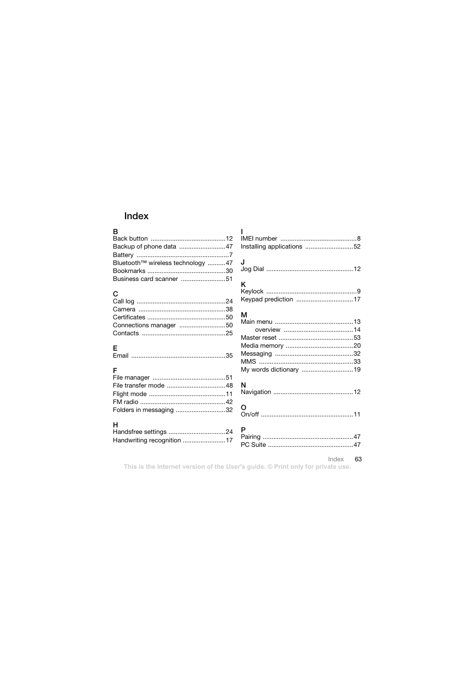 Index | Sony Ericsson Walkman player User Manual | Page 65 / 66