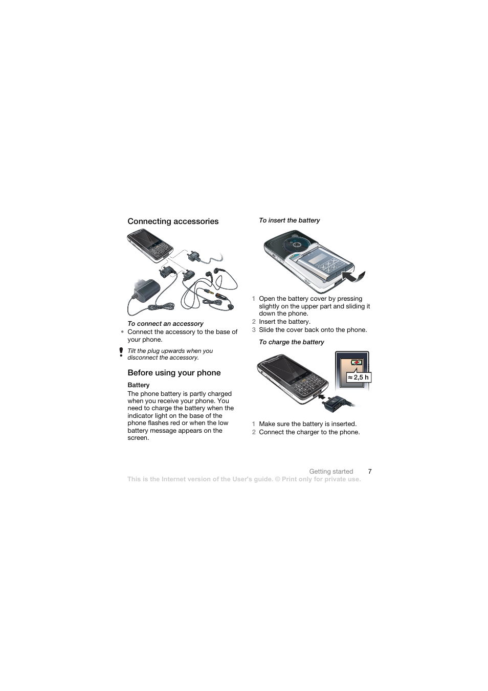 Connecting accessories, Before using your phone, Battery | Sony Ericsson Walkman player User Manual | Page 9 / 66