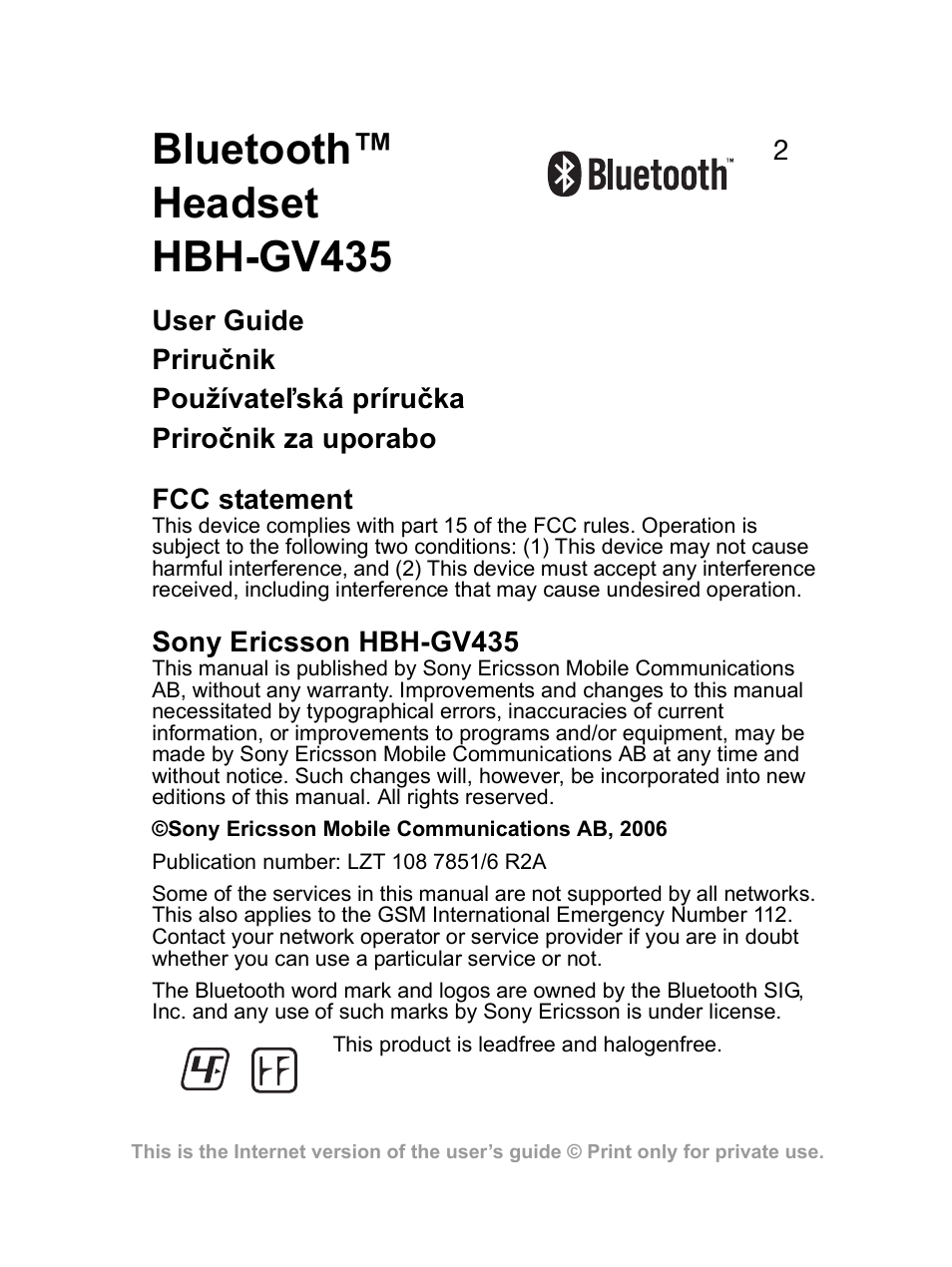 Bluetooth™ headset hbh-gv435 | Sony Ericsson Bluetooth HBH-GV435 User Manual | Page 2 / 36