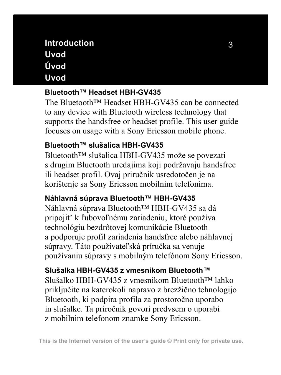 Sony Ericsson Bluetooth HBH-GV435 User Manual | Page 3 / 36