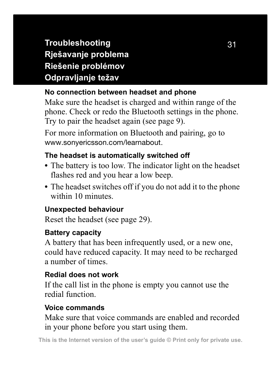 Sony Ericsson Bluetooth HBH-GV435 User Manual | Page 31 / 36