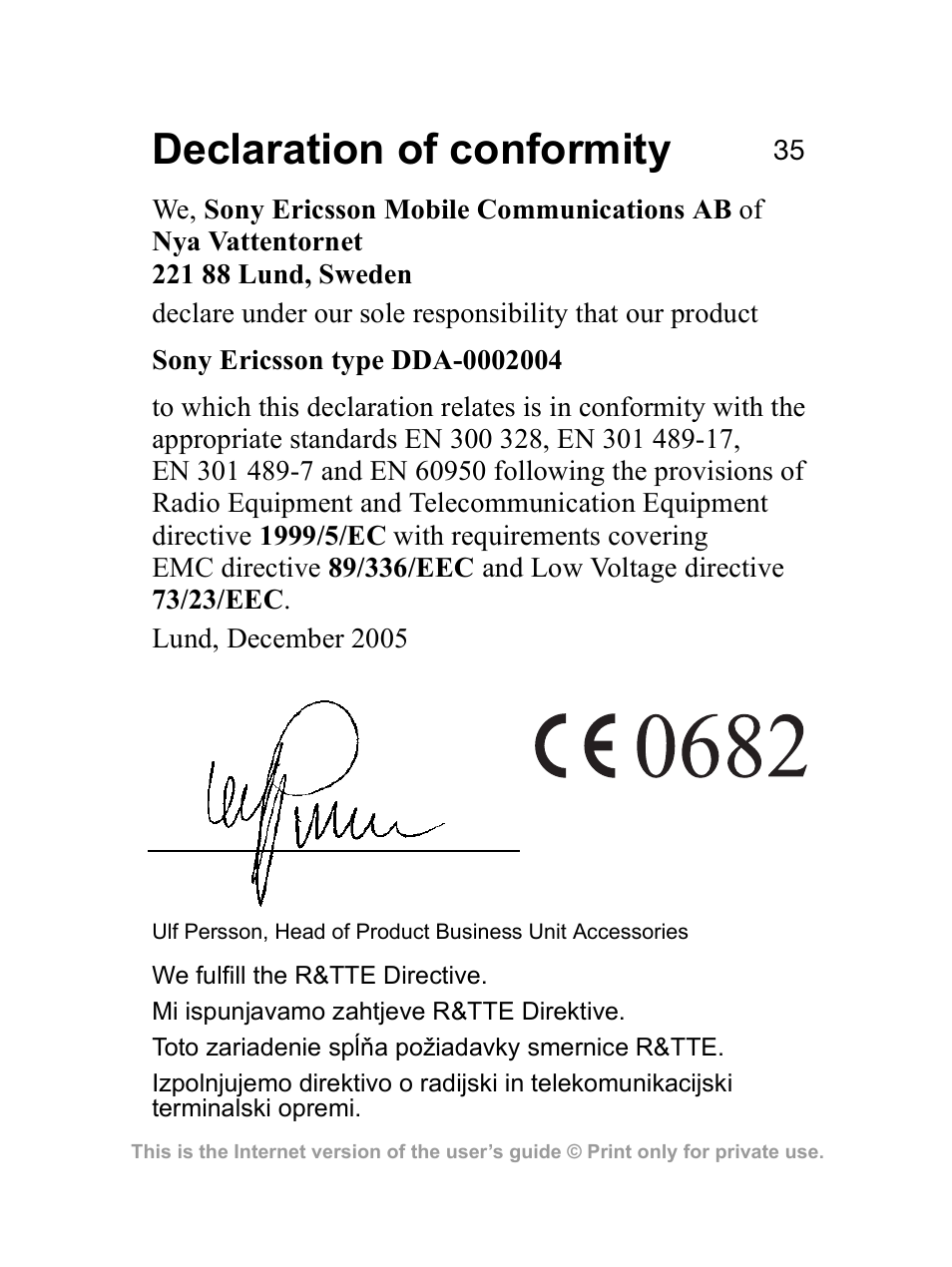 Declaration of conformity | Sony Ericsson Bluetooth HBH-GV435 User Manual | Page 35 / 36