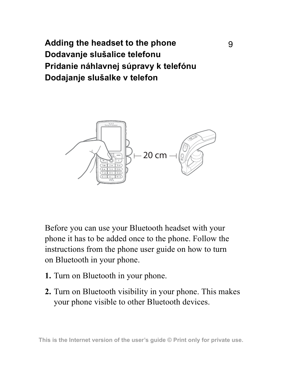 20 cm | Sony Ericsson Bluetooth HBH-GV435 User Manual | Page 9 / 36