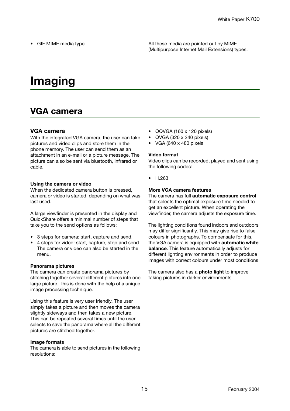 Imaging, Vga camera, Imaging vga camera | Sony Ericsson K700 User Manual | Page 15 / 62