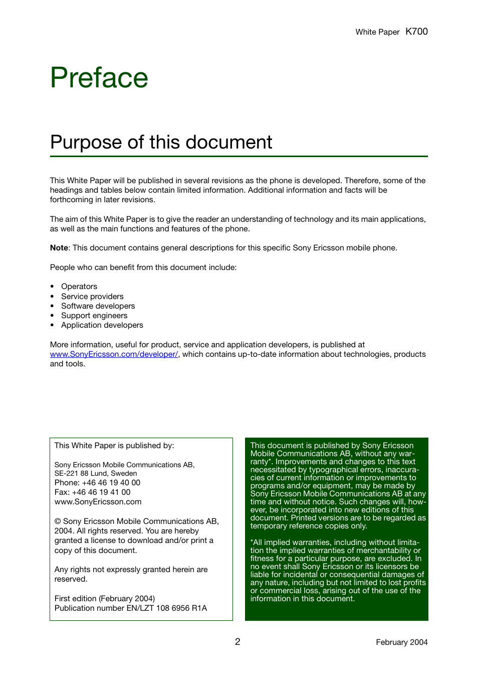 Preface, Purpose of this document | Sony Ericsson K700 User Manual | Page 2 / 62