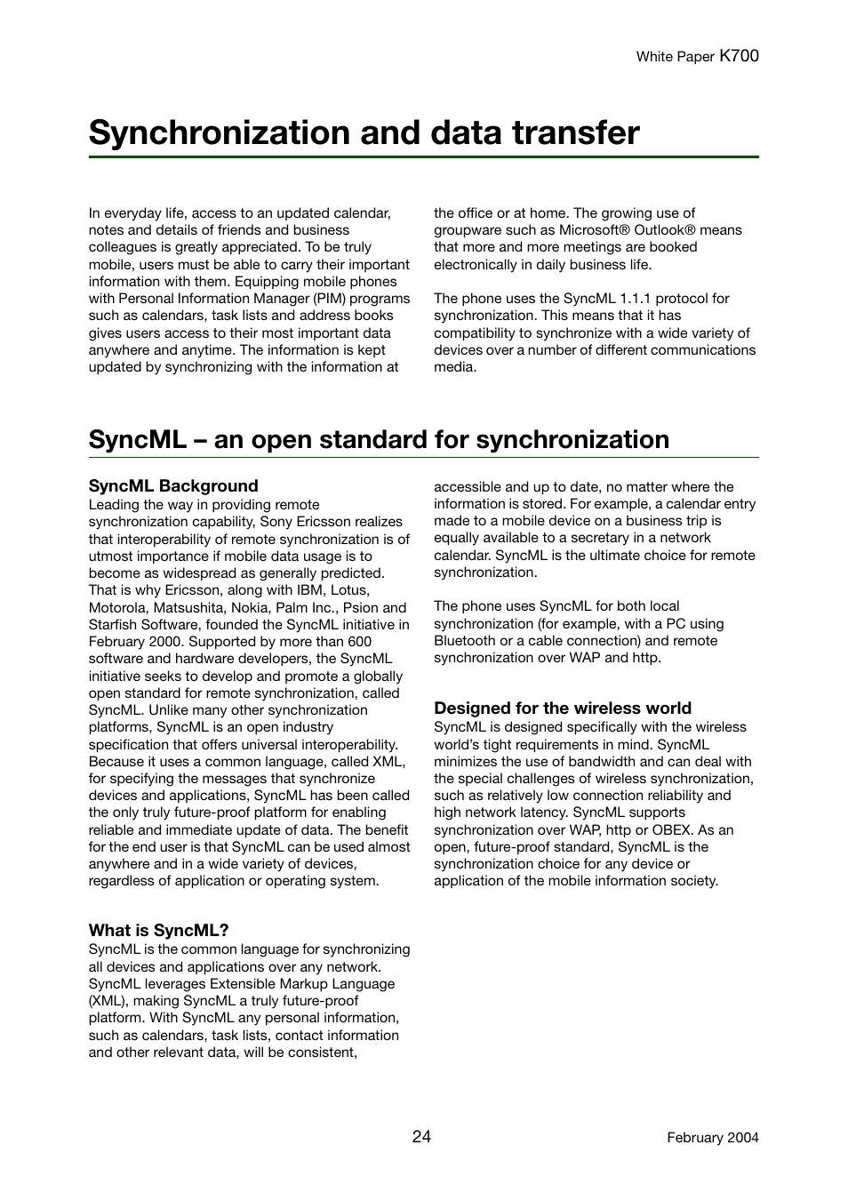 Synchronization and data transfer, Syncml - an open standard for synchronization, Syncml – an open standard for synchronization | Sony Ericsson K700 User Manual | Page 24 / 62