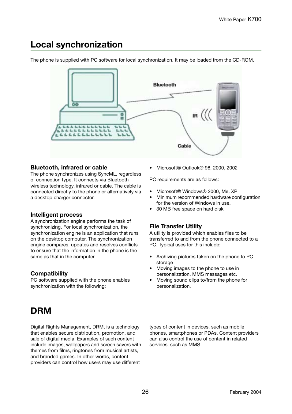 Local synchronization, Local synchronization drm | Sony Ericsson K700 User Manual | Page 26 / 62