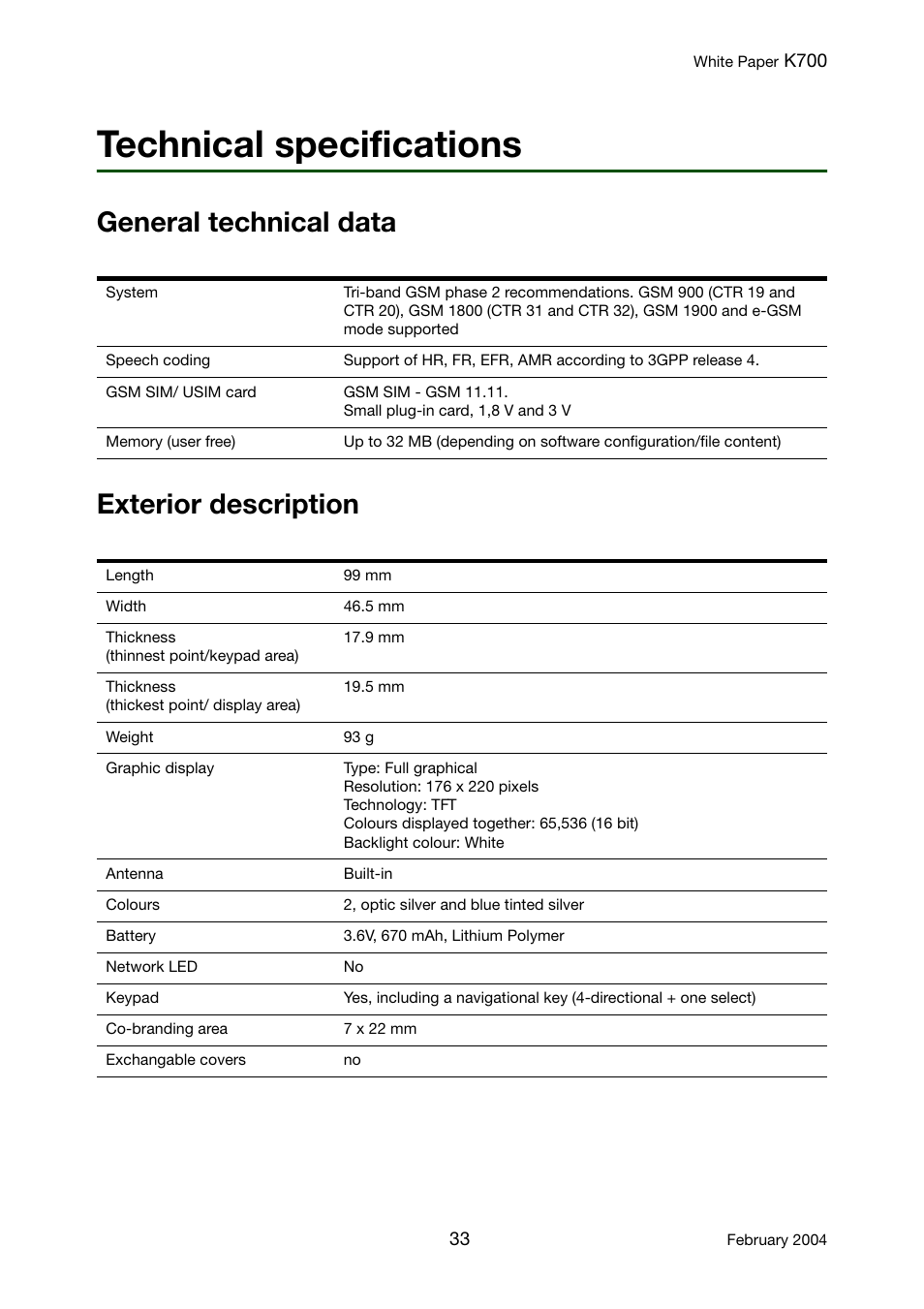 Technical specifications, General technical data exterior description | Sony Ericsson K700 User Manual | Page 33 / 62