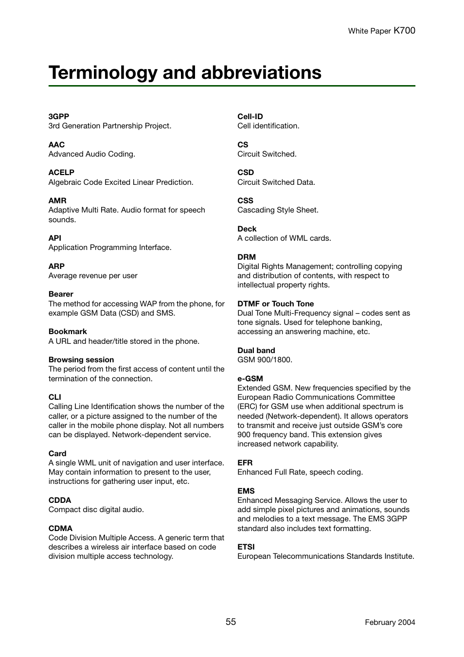 Terminology and abbreviations | Sony Ericsson K700 User Manual | Page 55 / 62