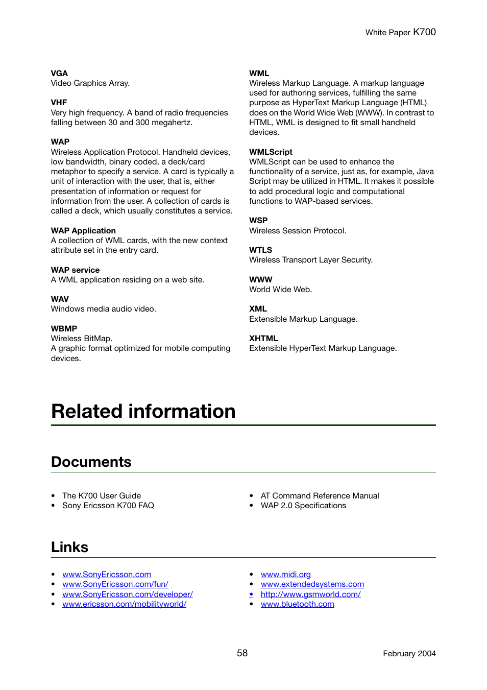 Related information, Documents, Links | Related information documents links | Sony Ericsson K700 User Manual | Page 58 / 62