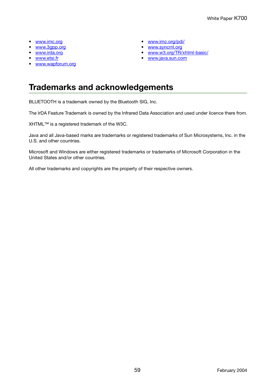 Trademarks and acknowledgements | Sony Ericsson K700 User Manual | Page 59 / 62