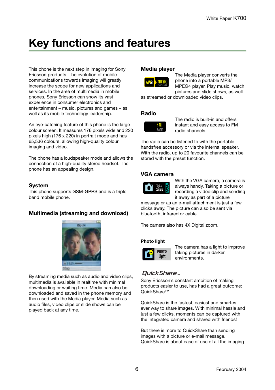 Key functions and features | Sony Ericsson K700 User Manual | Page 6 / 62