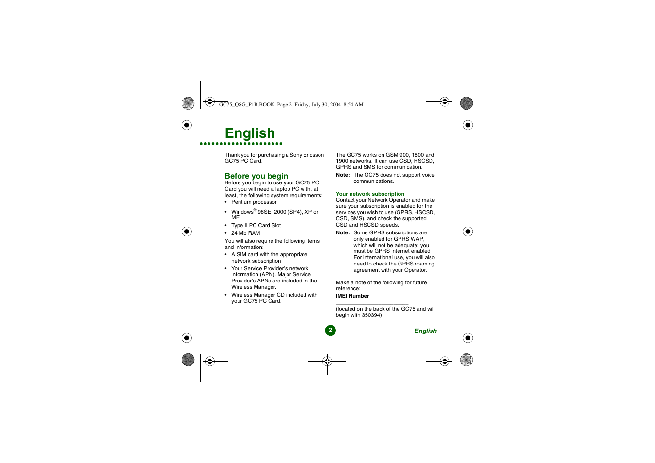 English | Sony Ericsson GC75 User Manual | Page 2 / 25