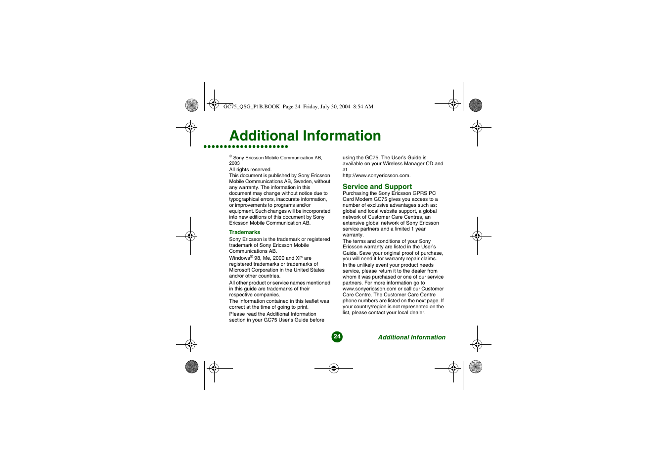 Additional information | Sony Ericsson GC75 User Manual | Page 24 / 25