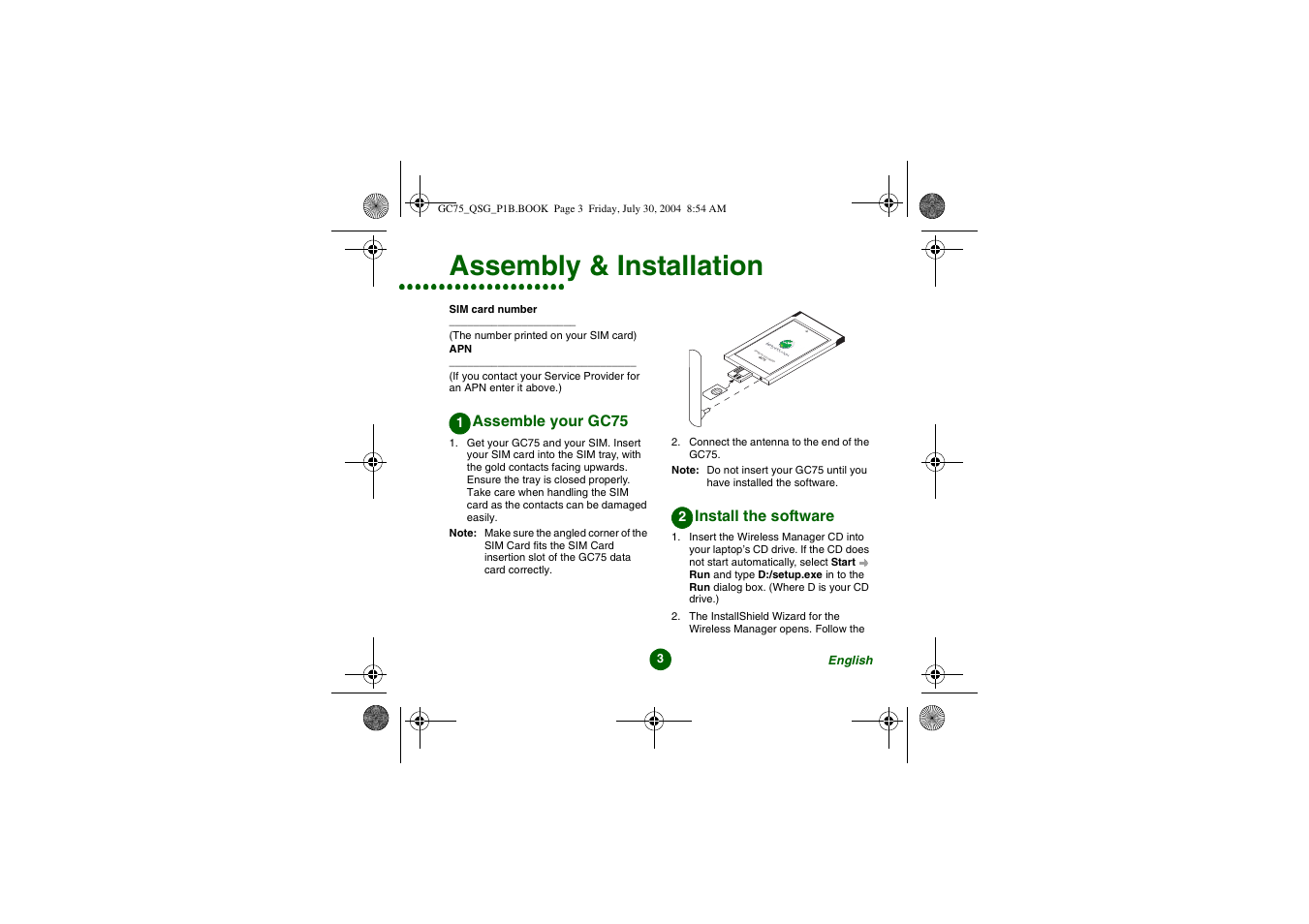 Assembly & installation, Gprs pc card modem | Sony Ericsson GC75 User Manual | Page 3 / 25