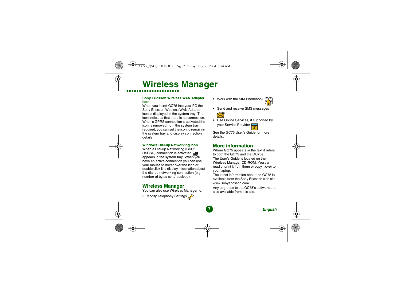 Wireless manager | Sony Ericsson GC75 User Manual | Page 7 / 25