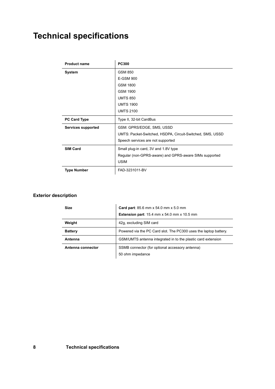 Technical specifications | Sony Ericsson PC300 User Manual | Page 12 / 25