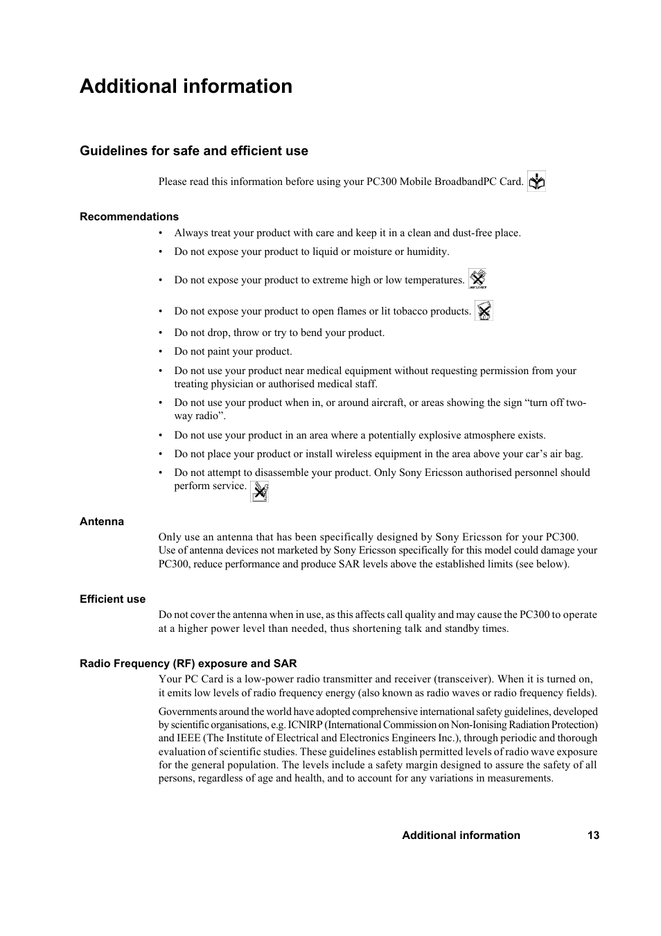 Additional information, Guidelines for safe and efficient use | Sony Ericsson PC300 User Manual | Page 17 / 25