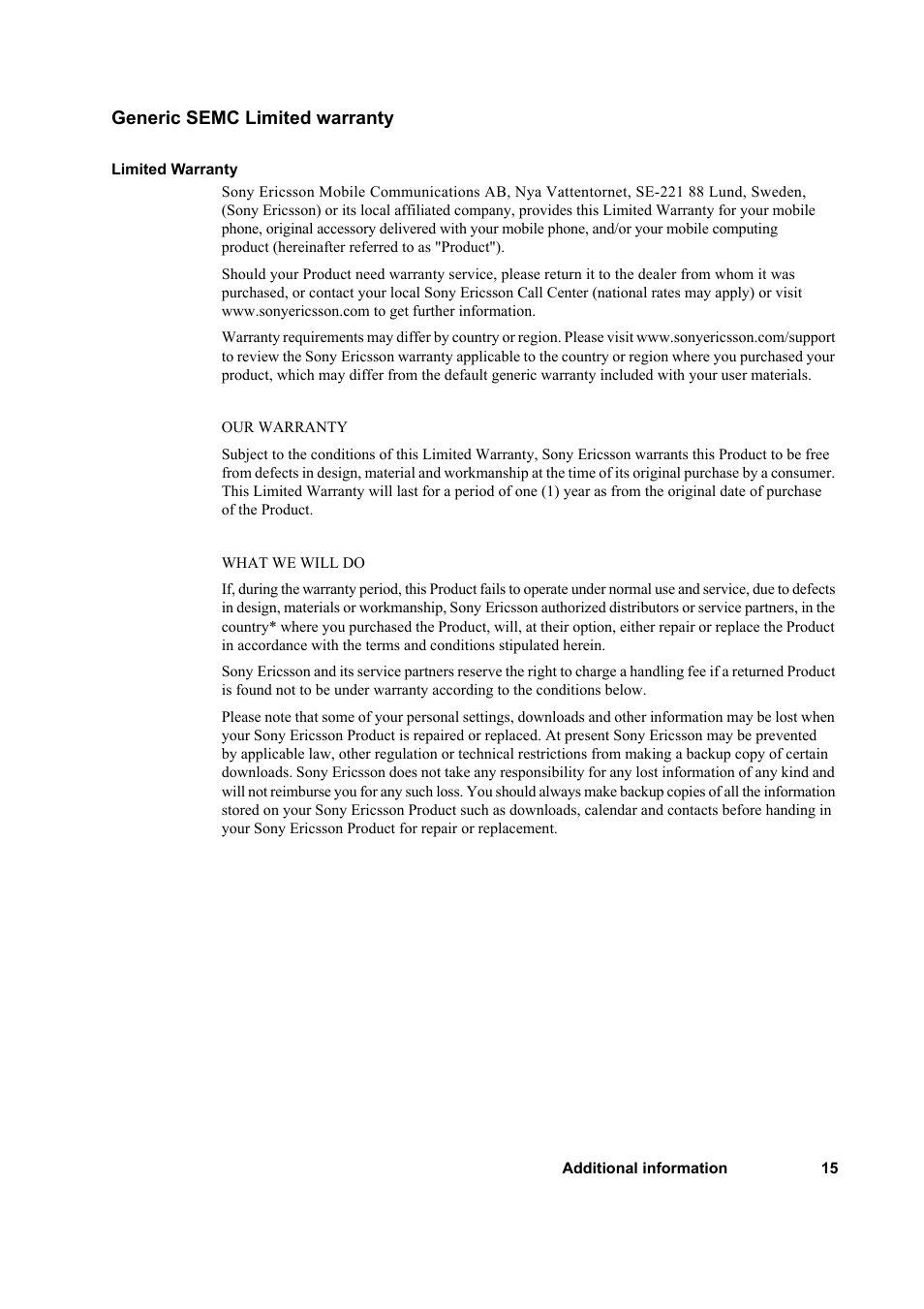 Generic semc limited warranty | Sony Ericsson PC300 User Manual | Page 19 / 25