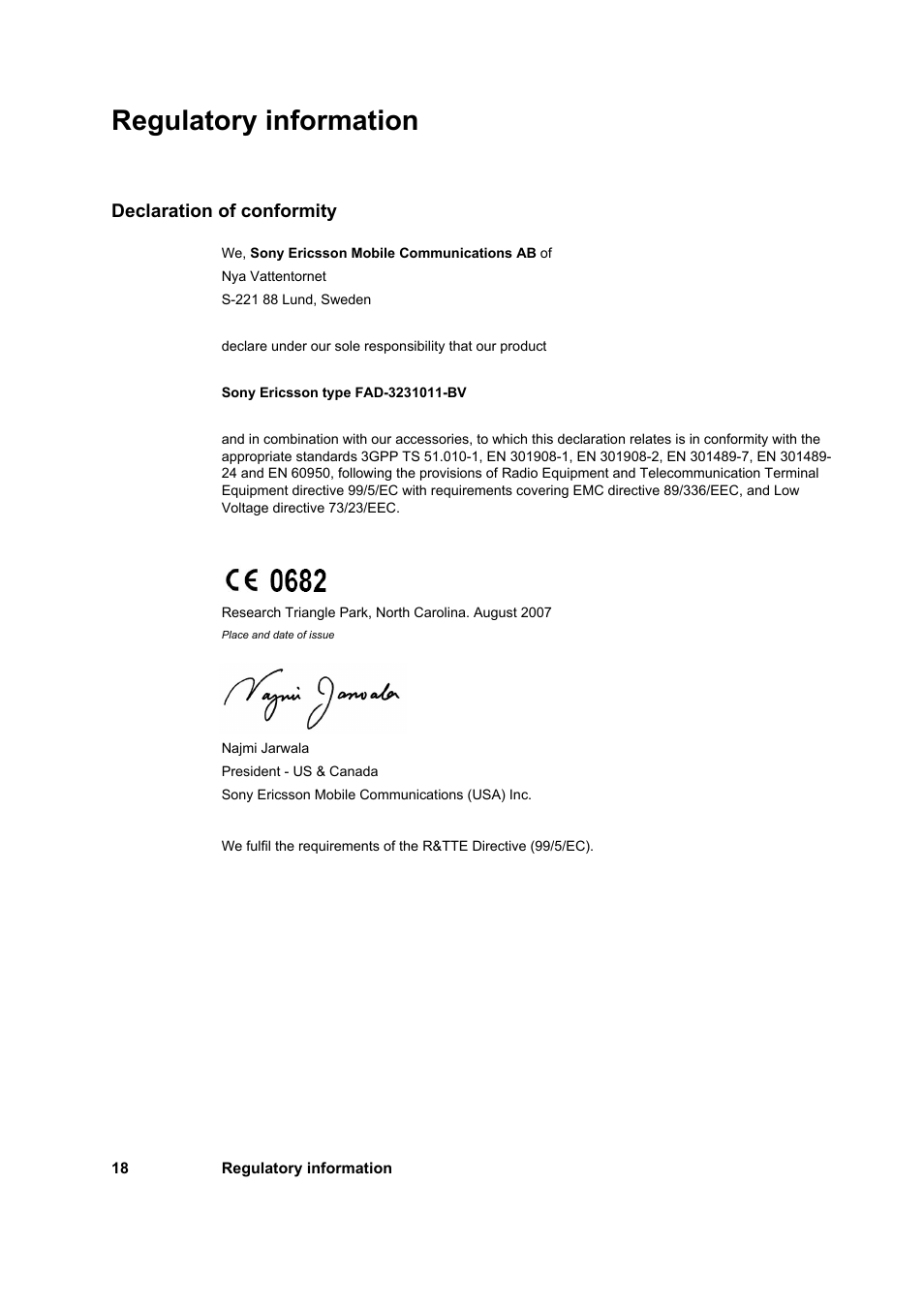 Regulatory information, Declaration of conformity | Sony Ericsson PC300 User Manual | Page 22 / 25