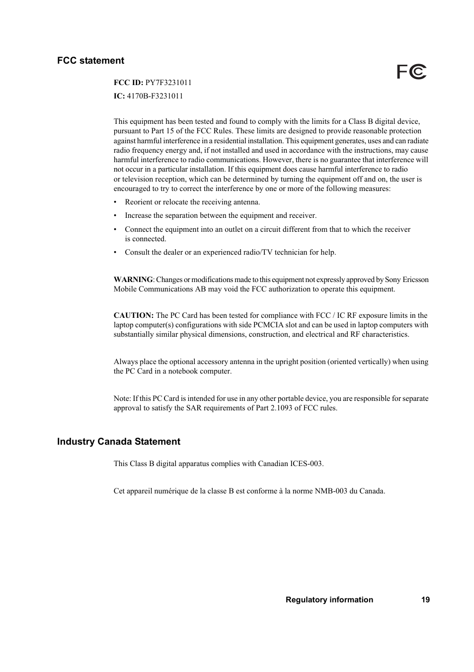 Fcc statement, Industry canada statement, Fcc statement industry canada statement | Sony Ericsson PC300 User Manual | Page 23 / 25