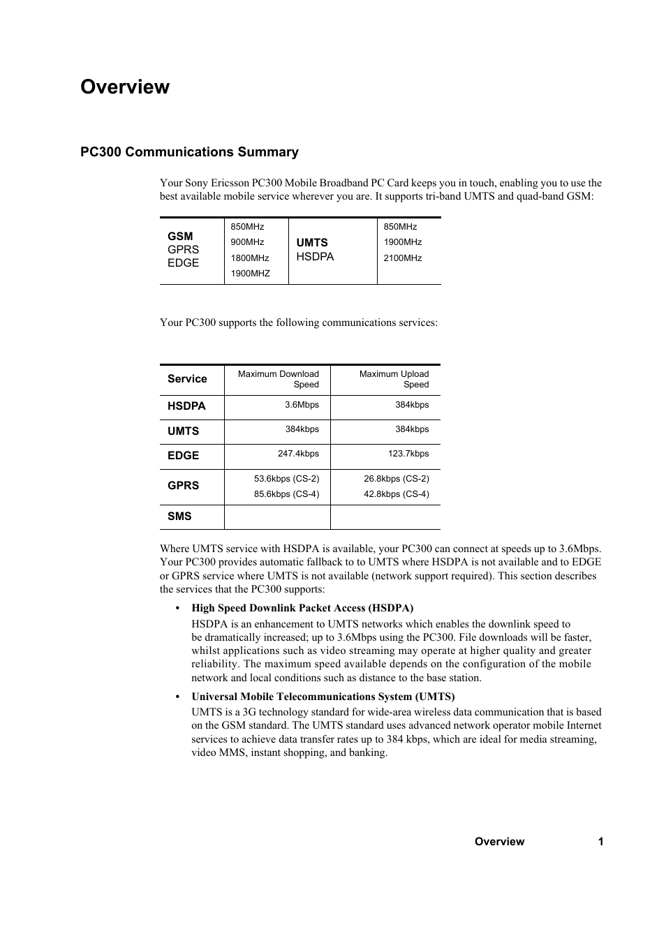Overview, Pc300 communications summary | Sony Ericsson PC300 User Manual | Page 5 / 25