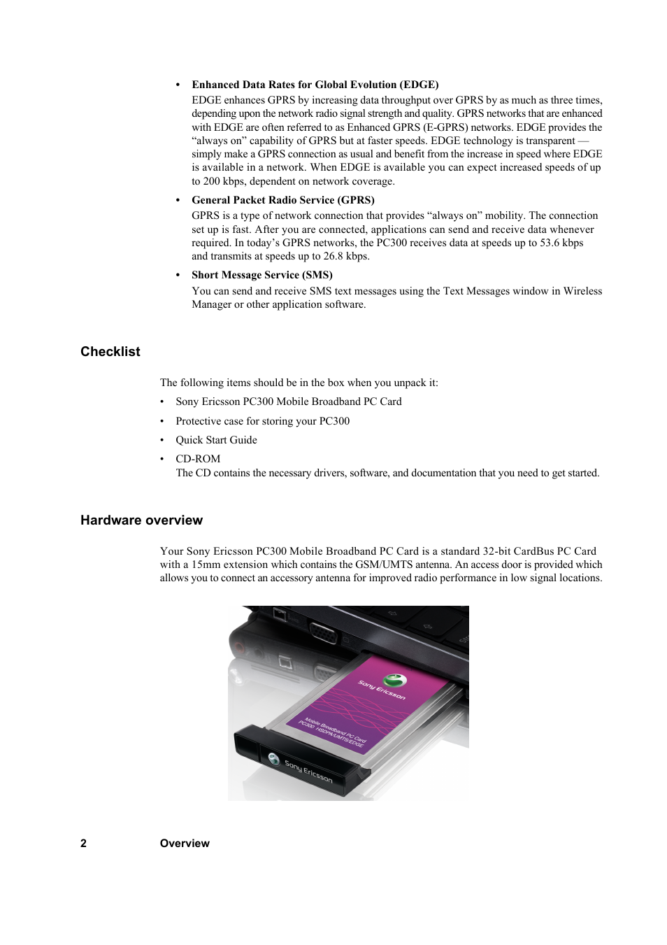 Checklist, Hardware overview, Checklist hardware overview | Sony Ericsson PC300 User Manual | Page 6 / 25