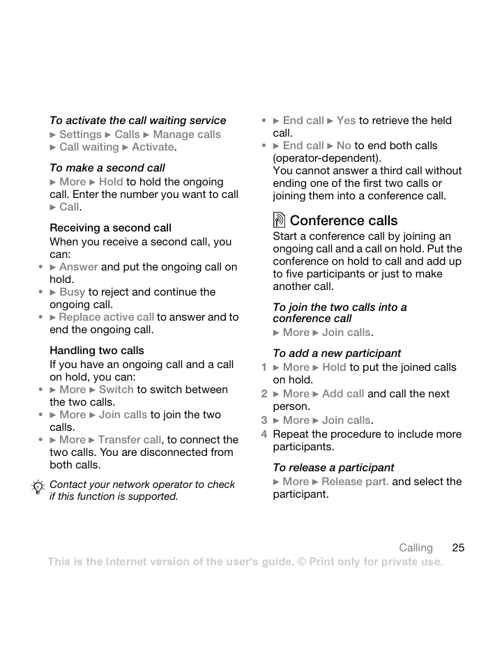Receiving a second call, Handling two calls, Conference calls | Cont ents, Sony ericsson t618 | Sony Ericsson Z550 User Manual | Page 27 / 66