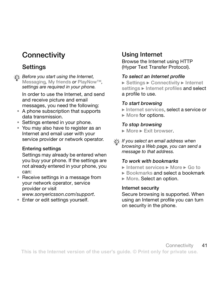Connectivity, Settings, Entering settings | Using internet, Internet security, Download settings or choose from the phone, 41 settings, Onalizing your p, Addi, Icons 98 | Sony Ericsson Z550 User Manual | Page 43 / 66
