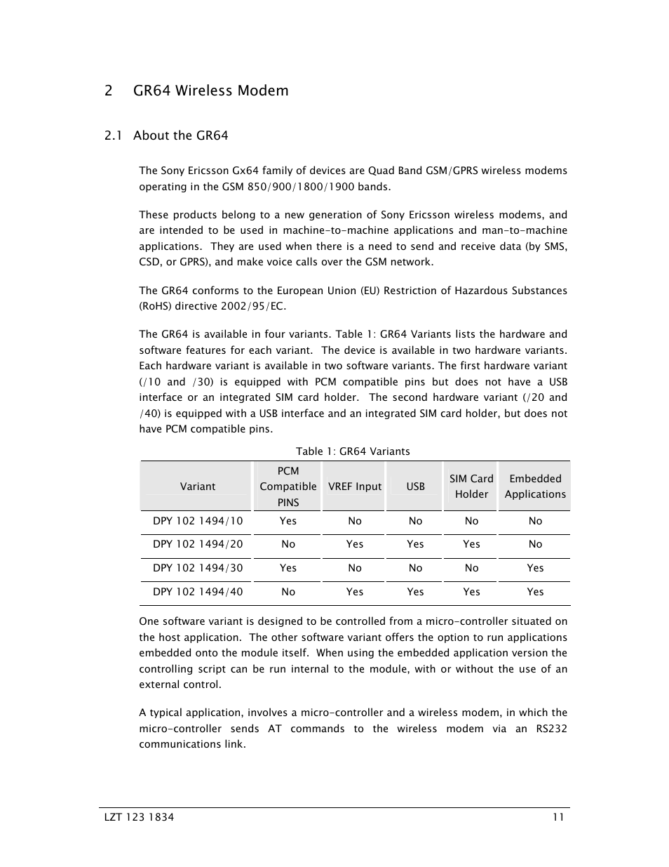 2 gr64 wireless modem | Sony Ericsson GR64 User Manual | Page 11 / 91