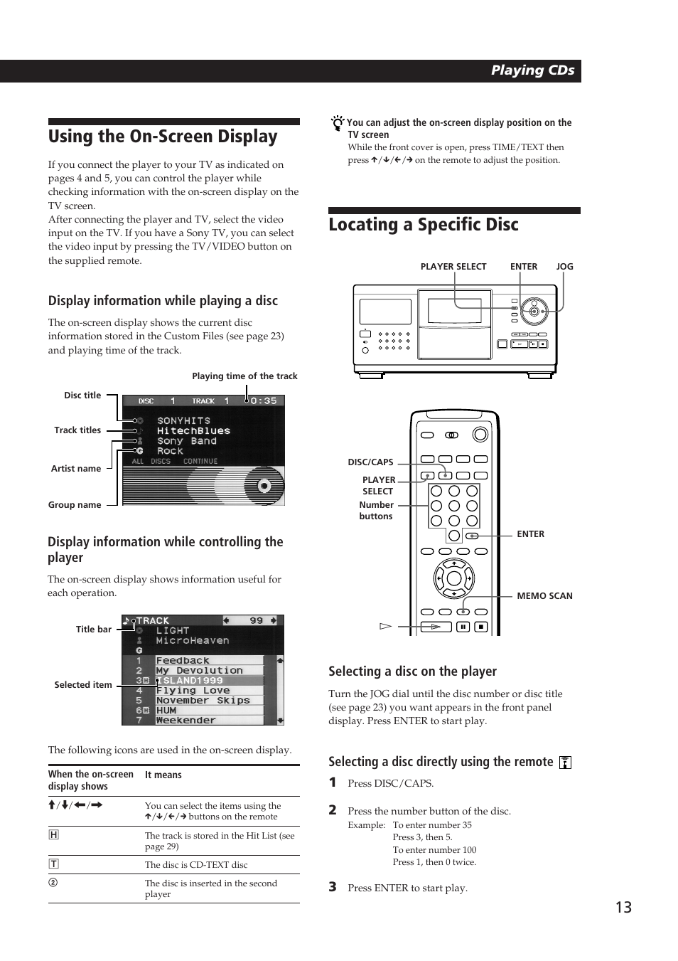 Using the on-screen display, Locating a specific disc, Playing cds getting started | Playing cds, Display information while playing a disc, Display information while controlling the player, Selecting a disc on the player, Selecting a disc directly using the remote 1 | Sony Ericsson CDP-CX270 User Manual | Page 13 / 32