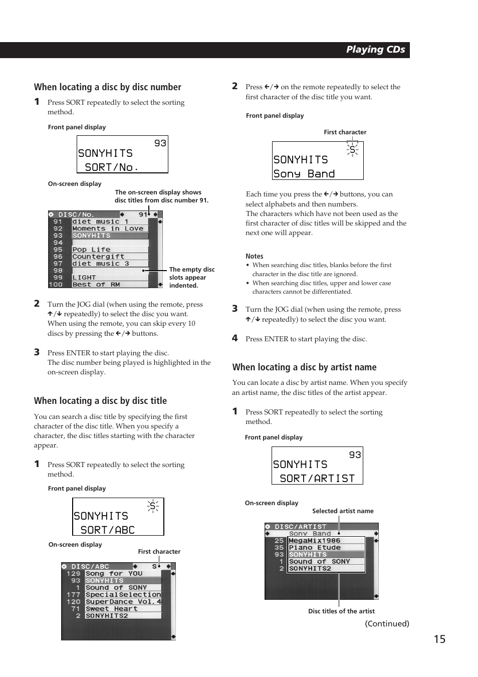 Sony band, Sort/abc, Sonyhits | Sort/no, Sort/artist, Playing cds getting started, Playing cds 2, When locating a disc by disc number 1, When locating a disc by artist name, When locating a disc by disc title | Sony Ericsson CDP-CX270 User Manual | Page 15 / 32