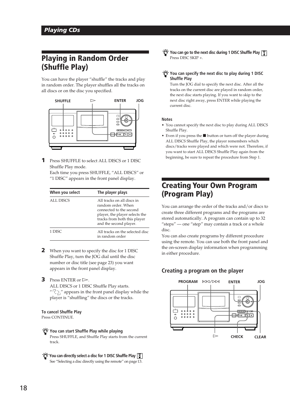 Playing in random order (shuffle play), Creating your own program (program play), Playing cds | Creating a program on the player | Sony Ericsson CDP-CX270 User Manual | Page 18 / 32