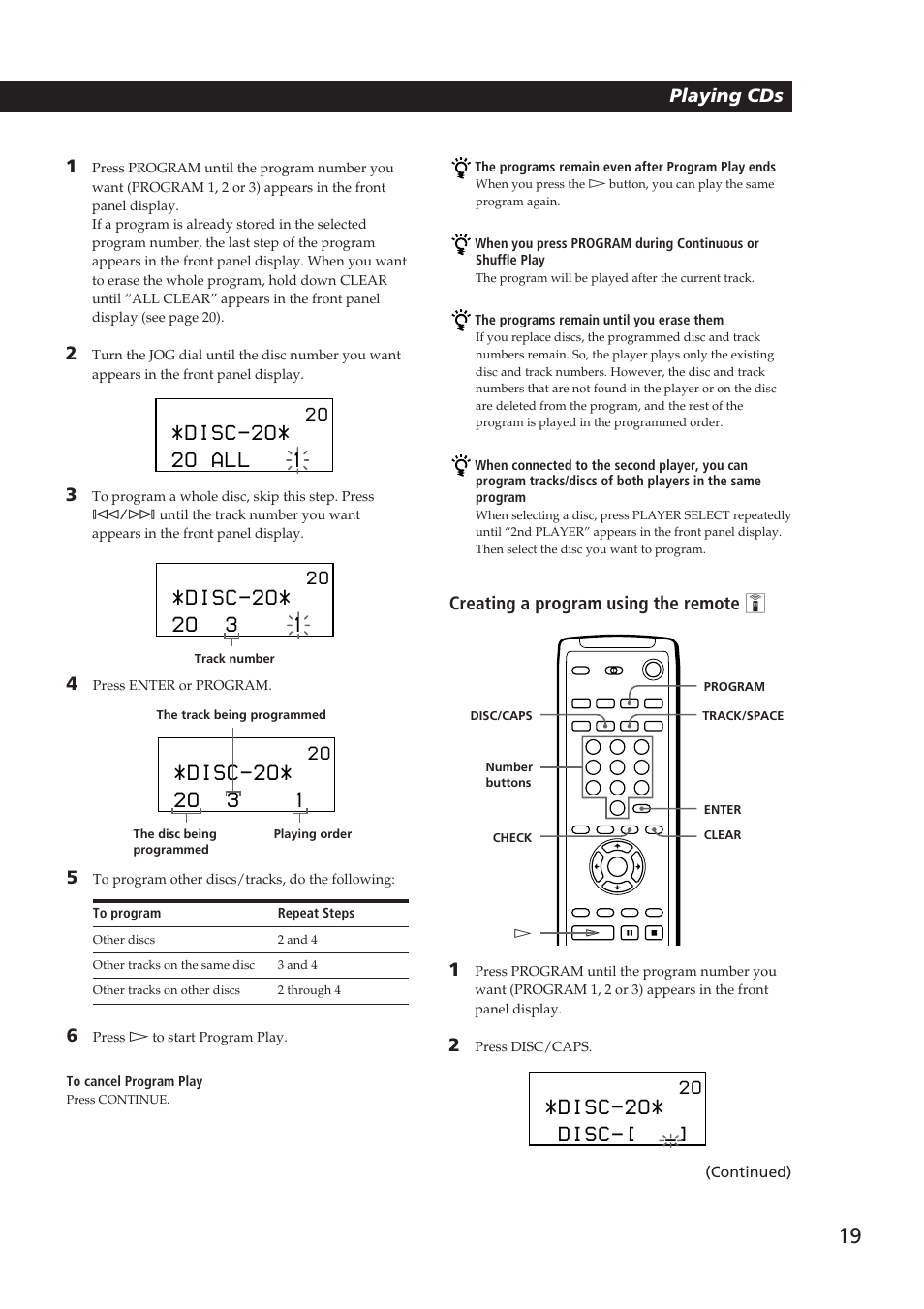 Disc-2o, 2o all 1, 2o 3 1 | Disc, Playing cds getting started, Playing cds 1, Creating a program using the remote z 3 | Sony Ericsson CDP-CX270 User Manual | Page 19 / 32