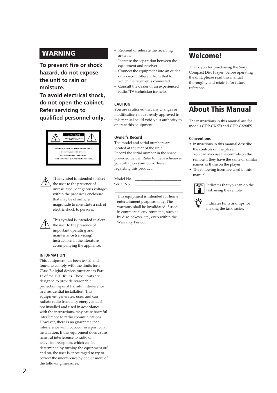 Welcome, About this manual, 2warning | Sony Ericsson CDP-CX270 User Manual | Page 2 / 32