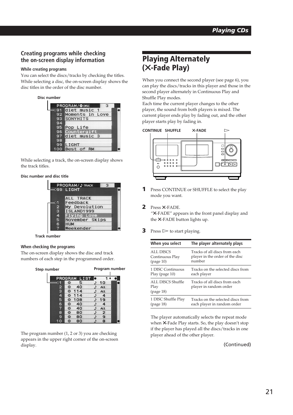 Playing alternately ( g -fade play), Playing cds getting started | Sony Ericsson CDP-CX270 User Manual | Page 21 / 32