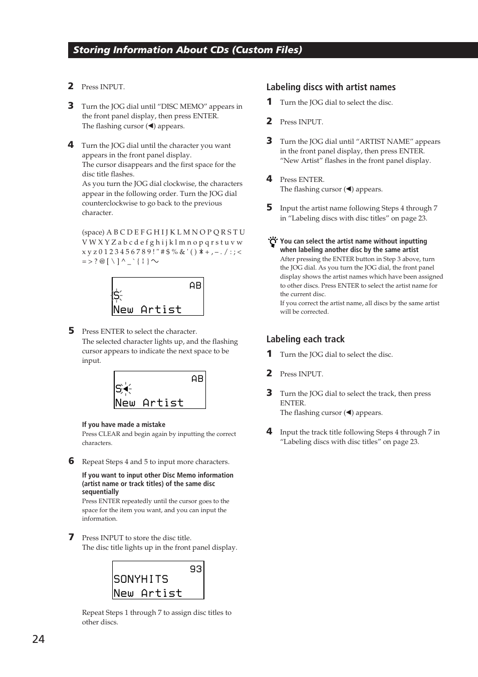 Storing information about cds (custom files), Labeling discs with artist names 1, Labeling each track 1 | Sony Ericsson CDP-CX270 User Manual | Page 24 / 32