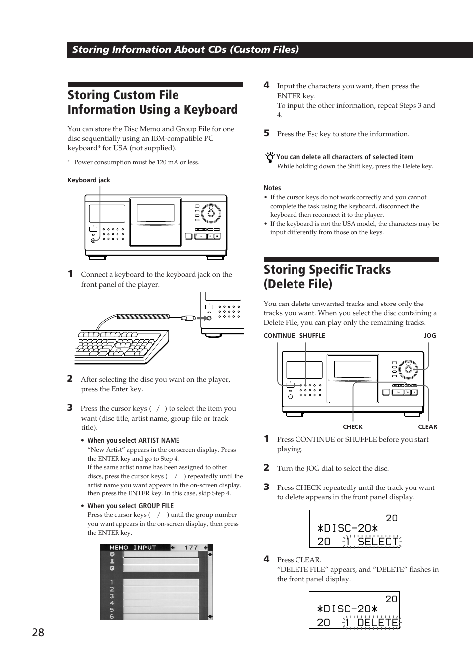 Storing specific tracks (delete file), Storing custom file information using a keyboard, Storing information about cds (custom files) | Sony Ericsson CDP-CX270 User Manual | Page 28 / 32