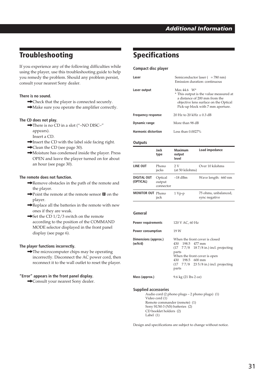 Specifications, Troubleshooting, Playing cds in various modes | Additional information | Sony Ericsson CDP-CX270 User Manual | Page 31 / 32