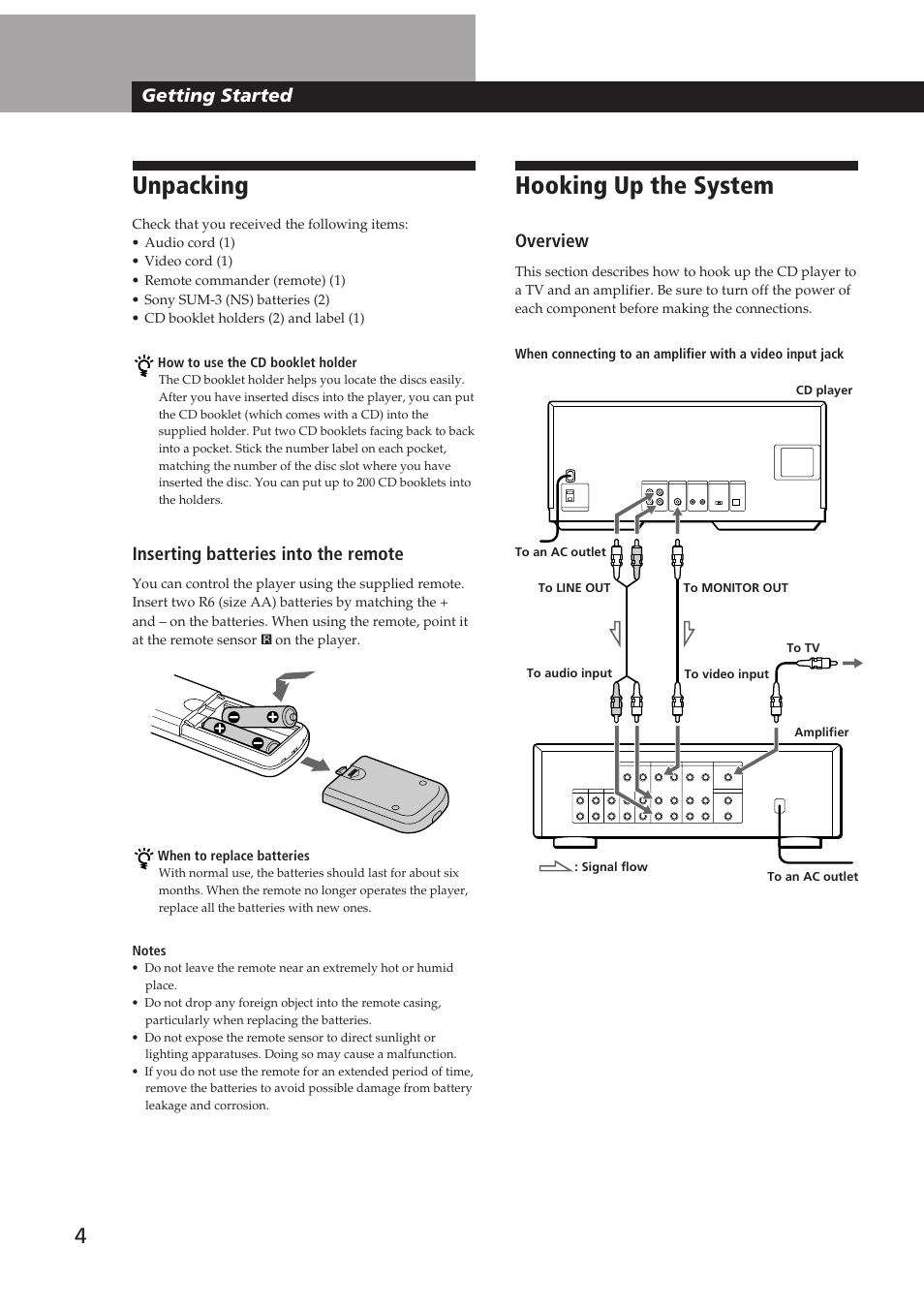 Hooking up the system, Unpacking, Getting started | Overview, Inserting batteries into the remote | Sony Ericsson CDP-CX270 User Manual | Page 4 / 32